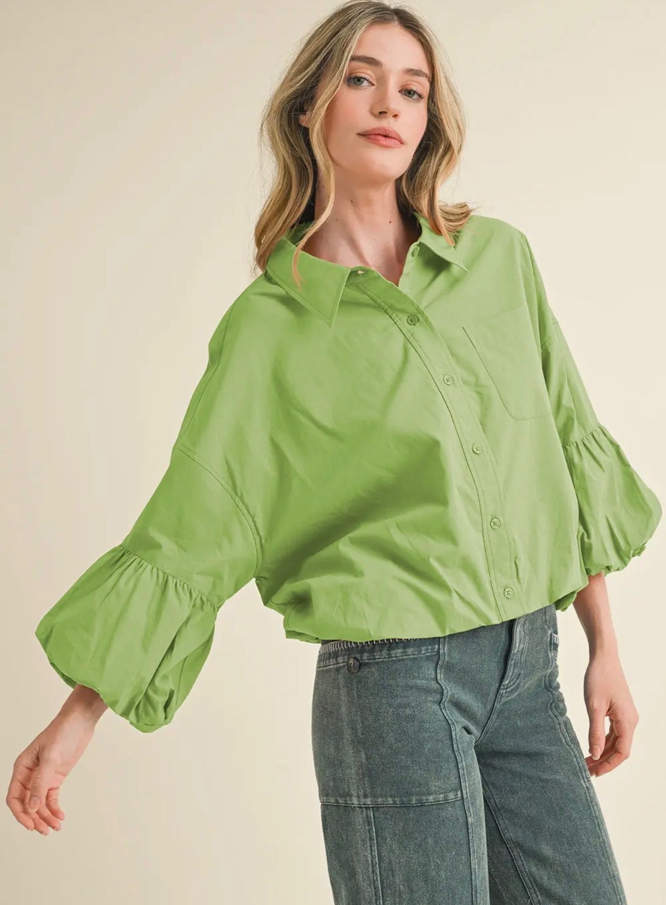 Button Down Bubble Sleeve Top- Avocado Cream