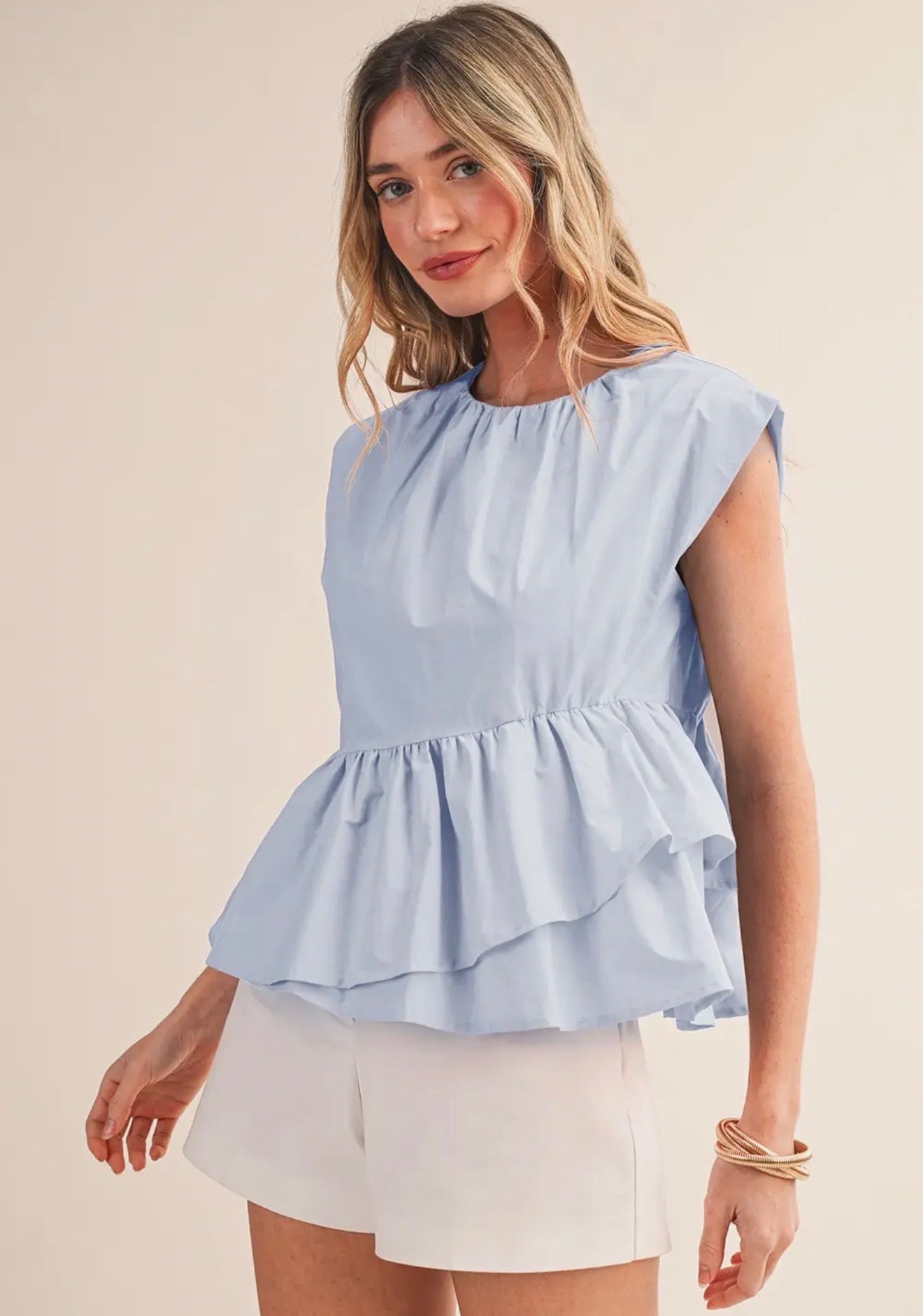 Ruffled Peplum Hem Top- Baby Blue