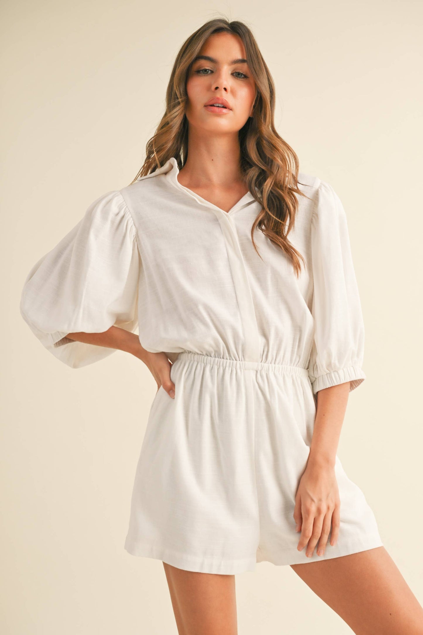 Linen Puff Sleeve Romper