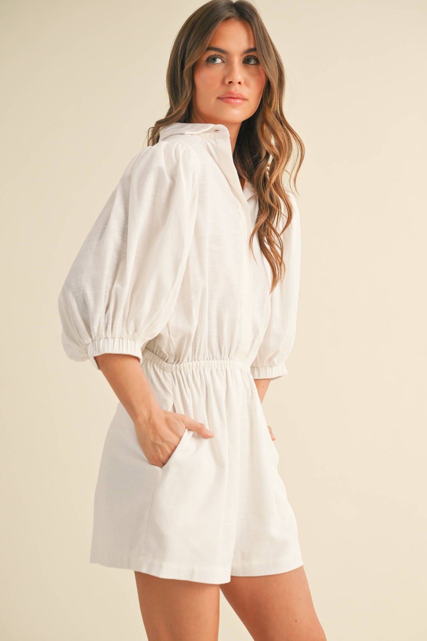 Linen Puff Sleeve Romper