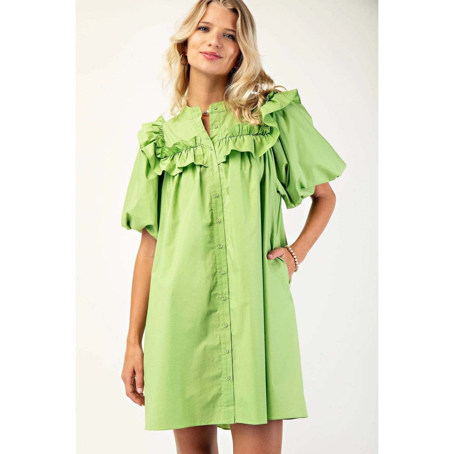 Puff Sleeve Mini Dress - Green