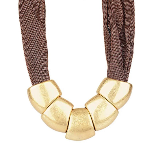 Metal and Mesh Necklace in Brown