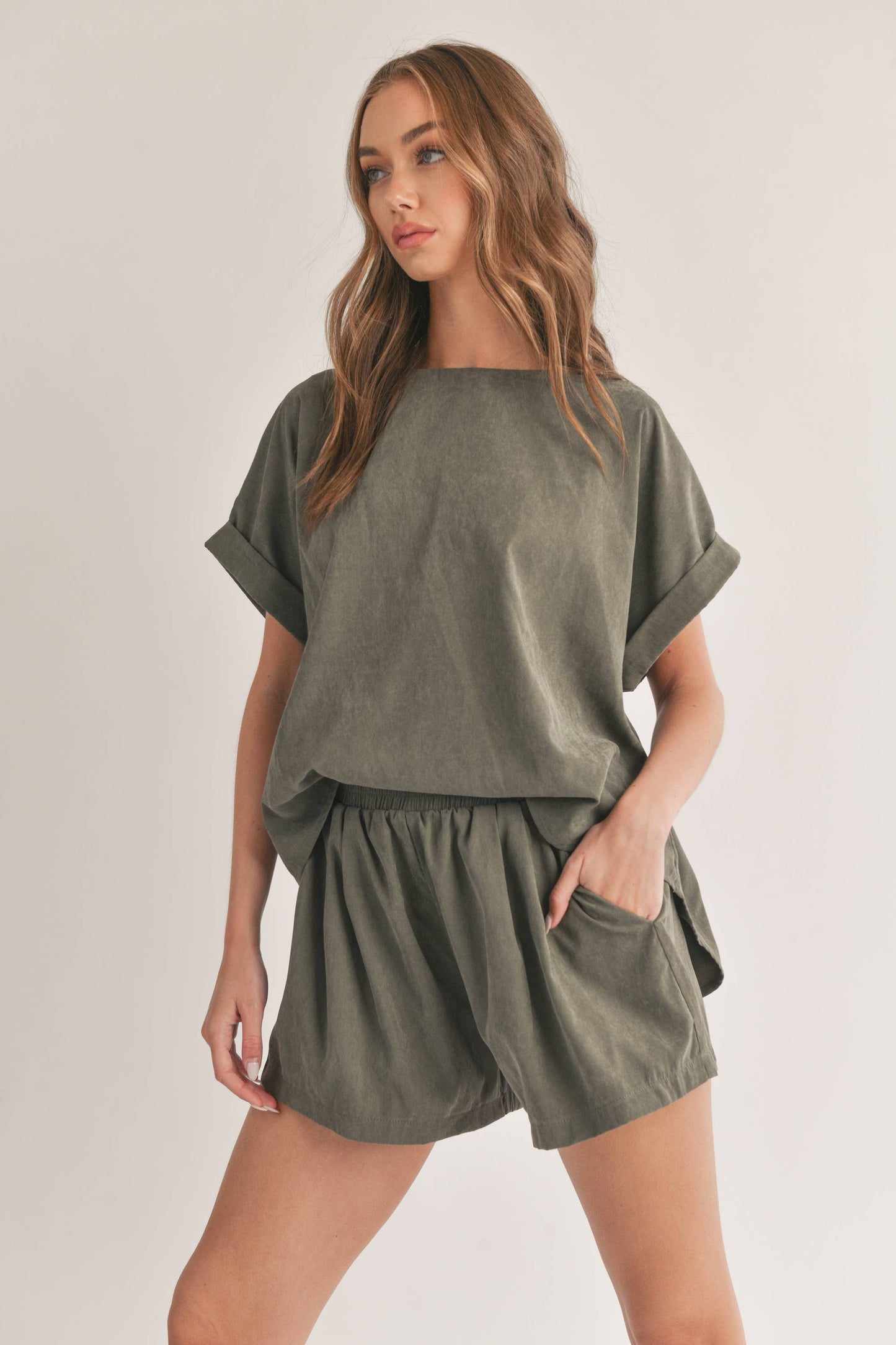 Olive Relaxed Fit Top and Shorts with Pocket