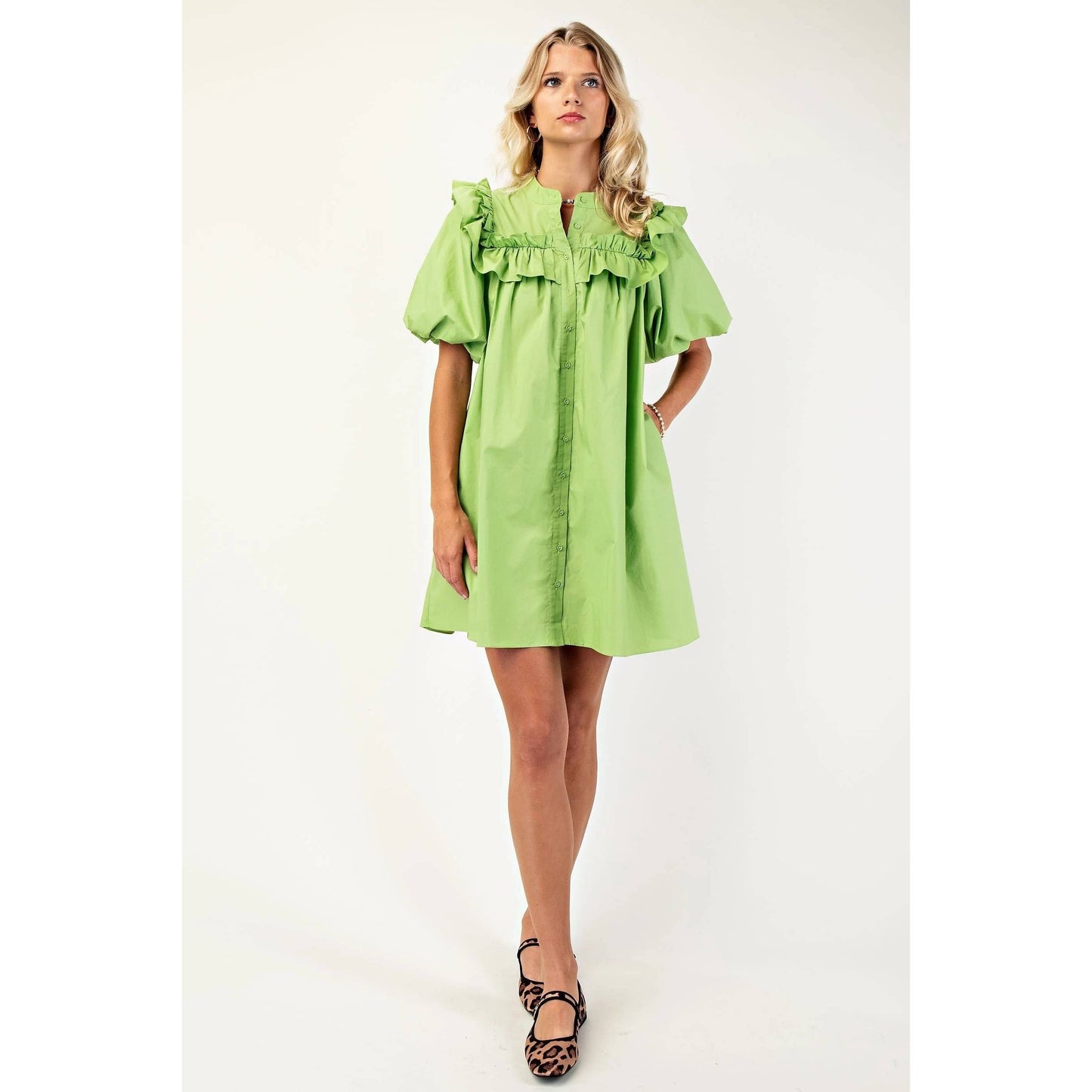Puff Sleeve Mini Dress - Green