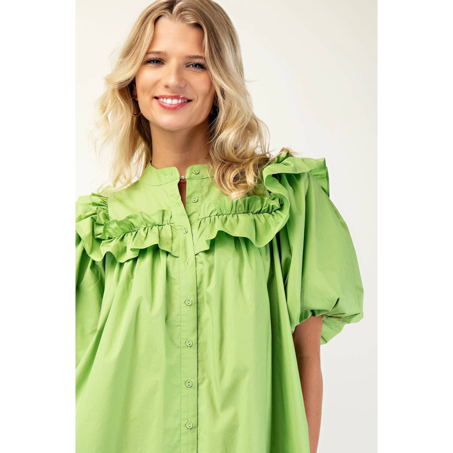 Puff Sleeve Mini Dress - Green