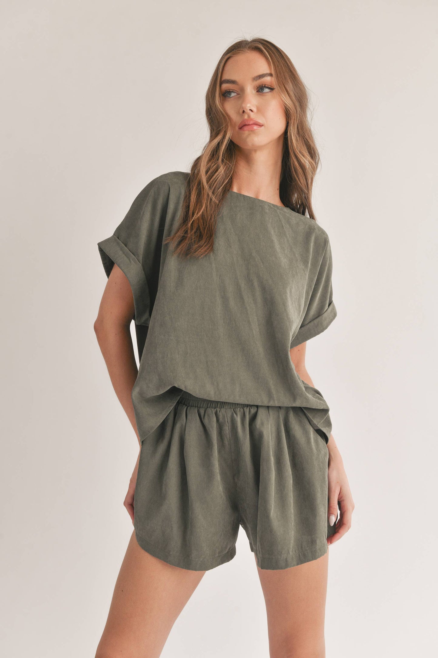 Olive Relaxed Fit Top and Shorts with Pocket