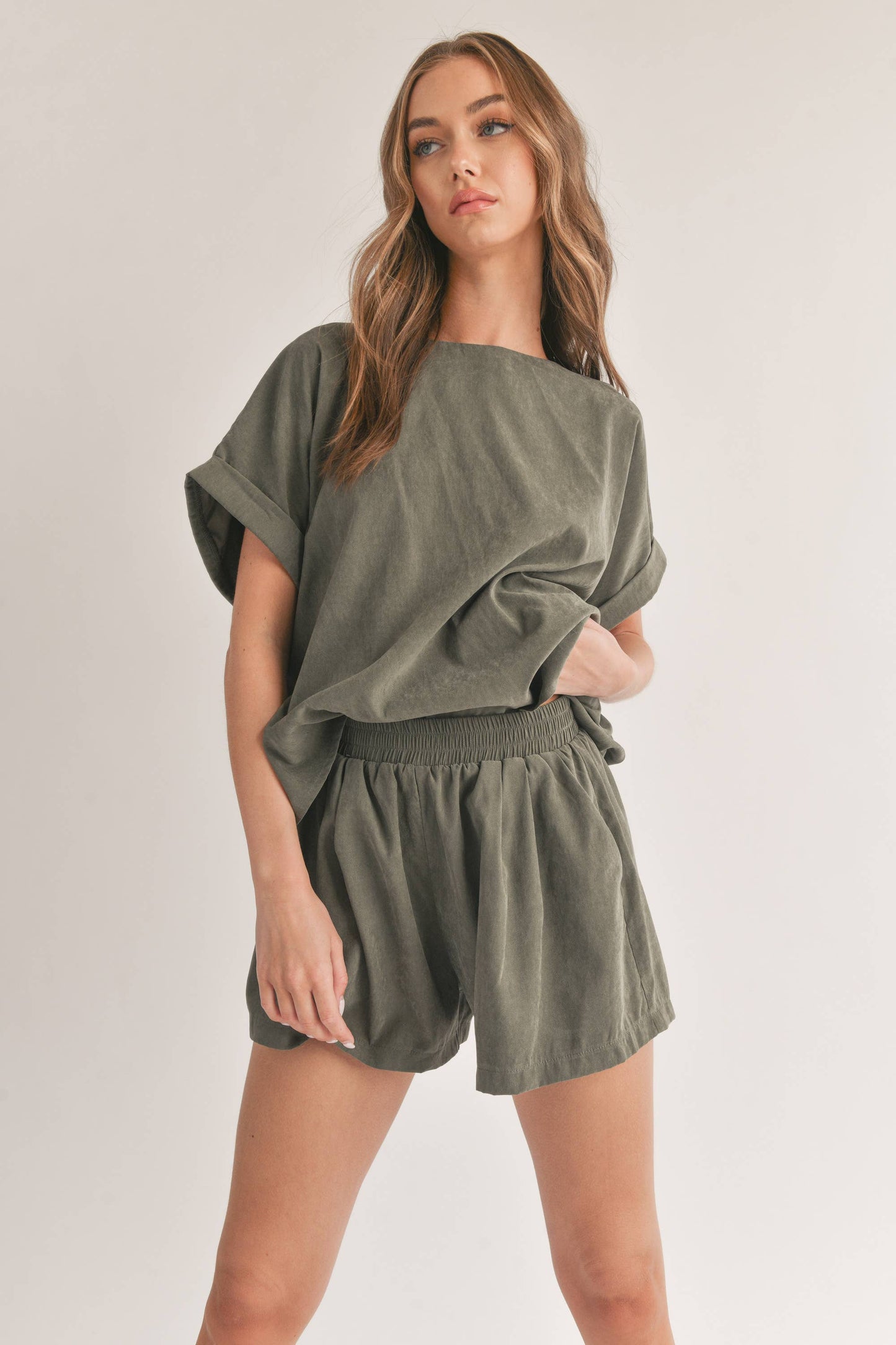 Olive Relaxed Fit Top and Shorts with Pocket
