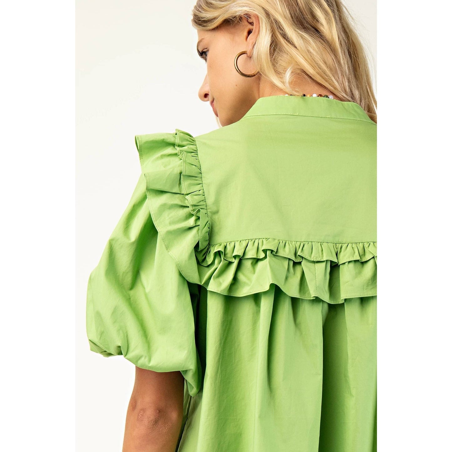 Puff Sleeve Mini Dress - Green