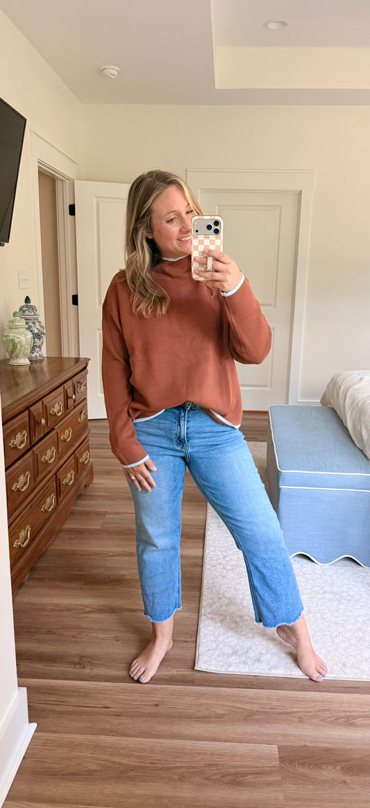 Brown blue mock neck