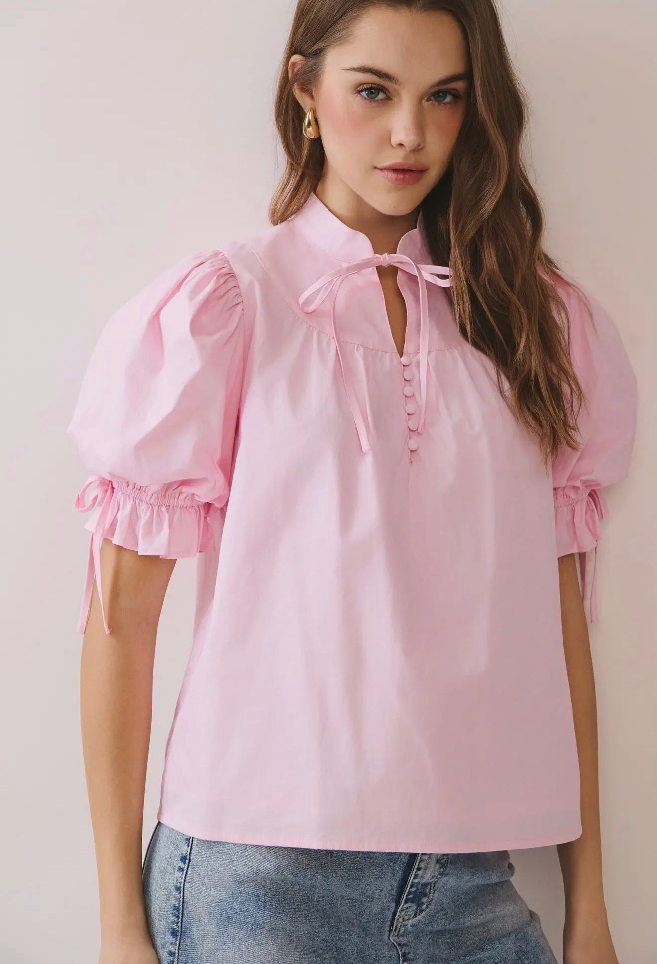 Puff Sleeve Tie Neck