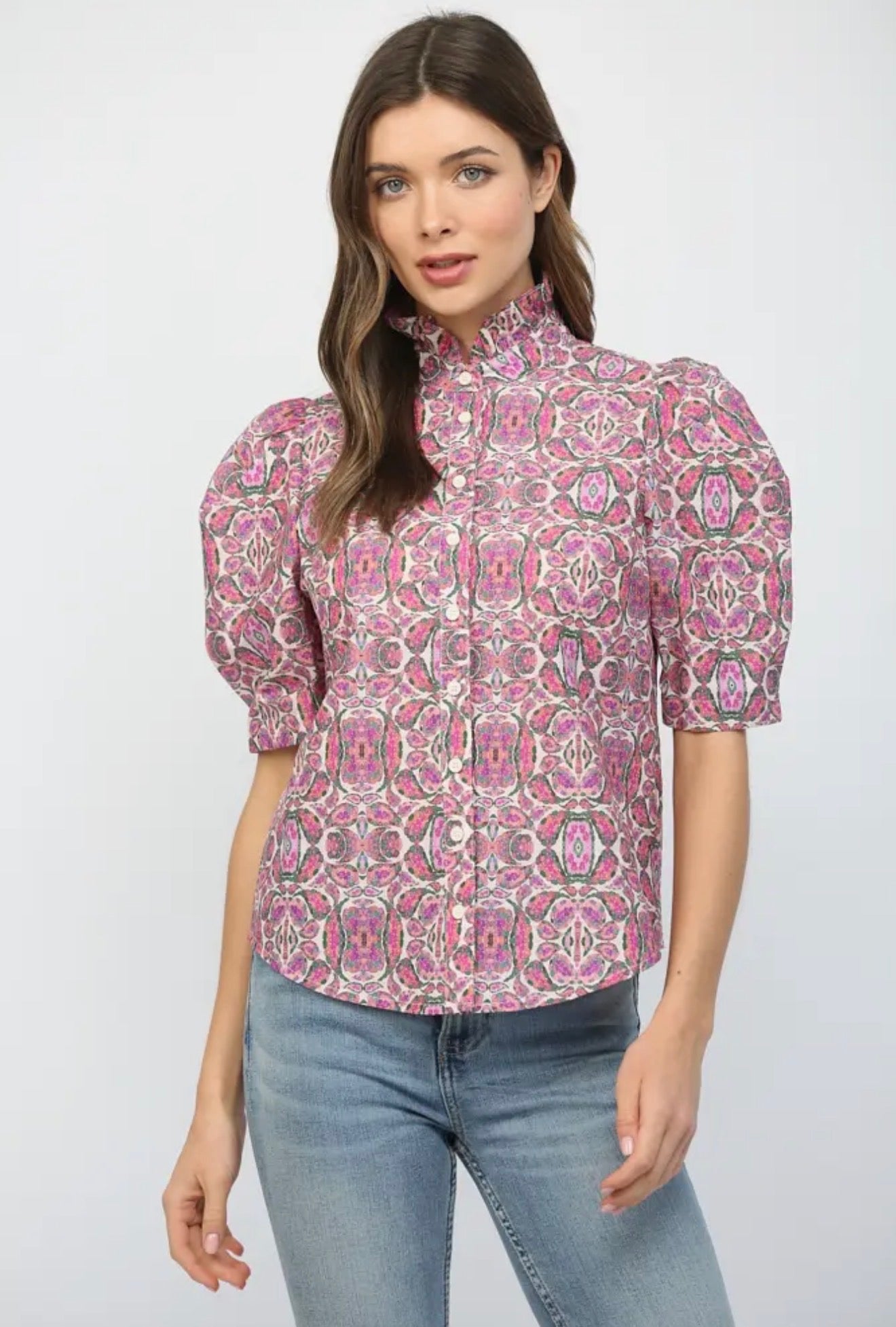 Puff Short Sleeve Ruffle Neck Button Down