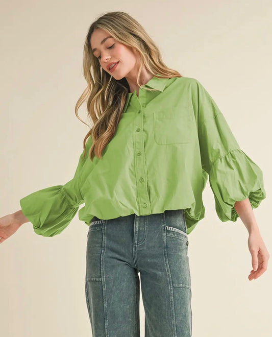 Button Down Bubble Sleeve Top- Avocado Cream