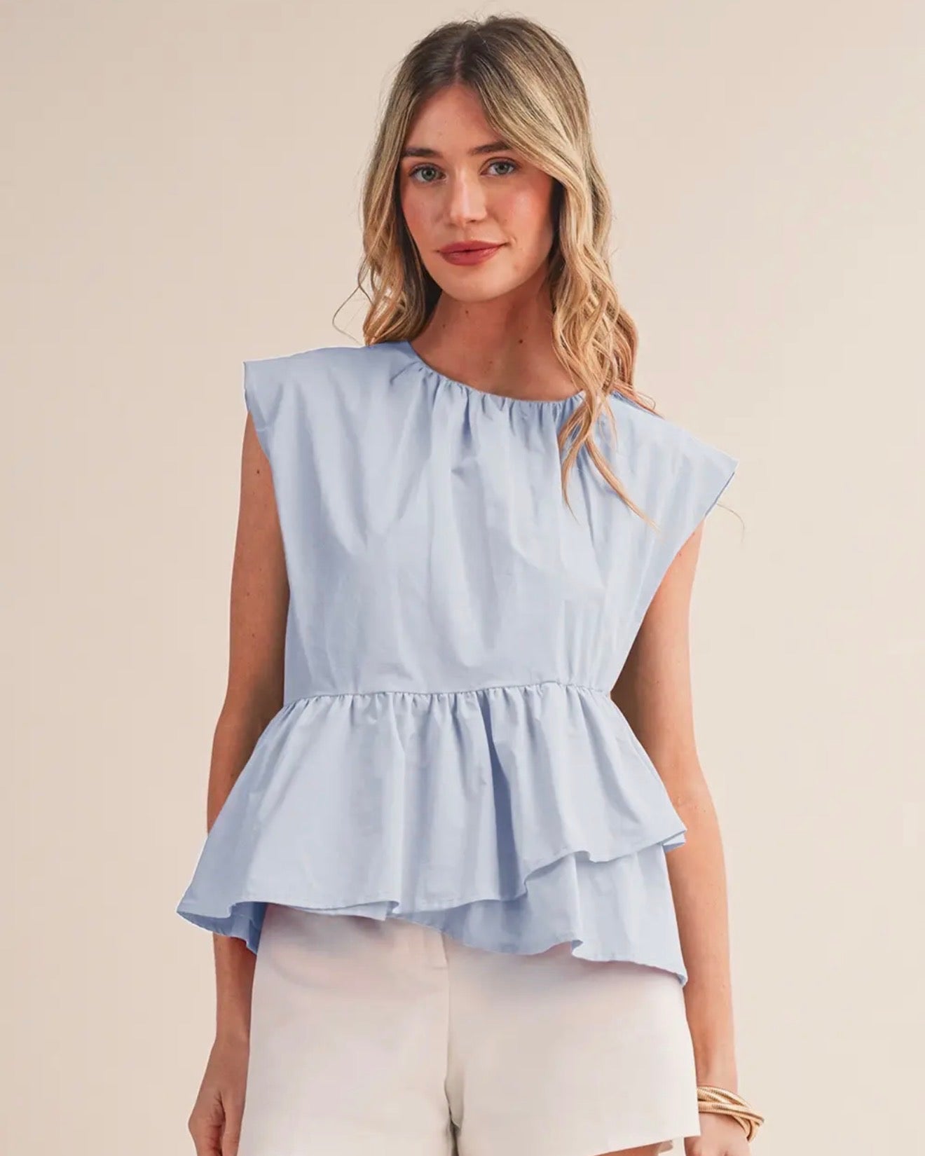 Ruffled Peplum Hem Top- Baby Blue
