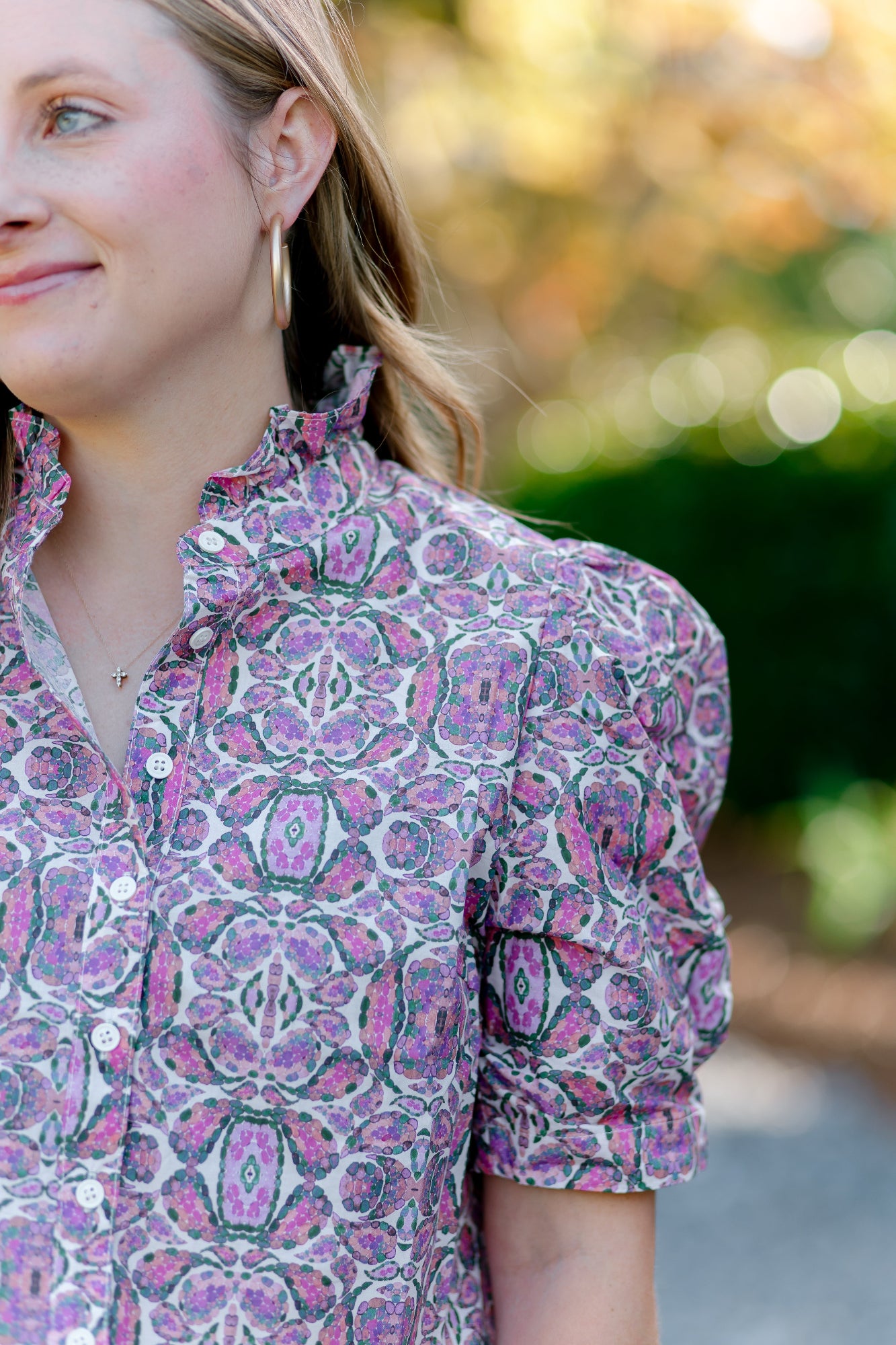 Puff Short Sleeve Ruffle Neck Button Down