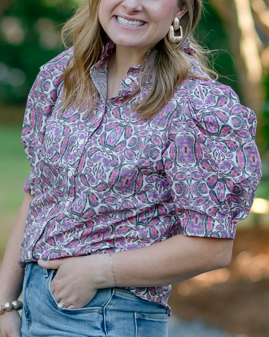Puff Short Sleeve Ruffle Neck Button Down