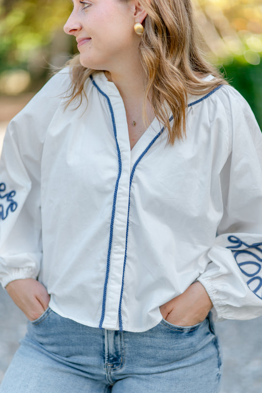 Bold Embroidery Puff Sleeve Blouse