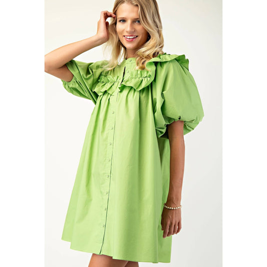 Puff Sleeve Mini Dress - Green