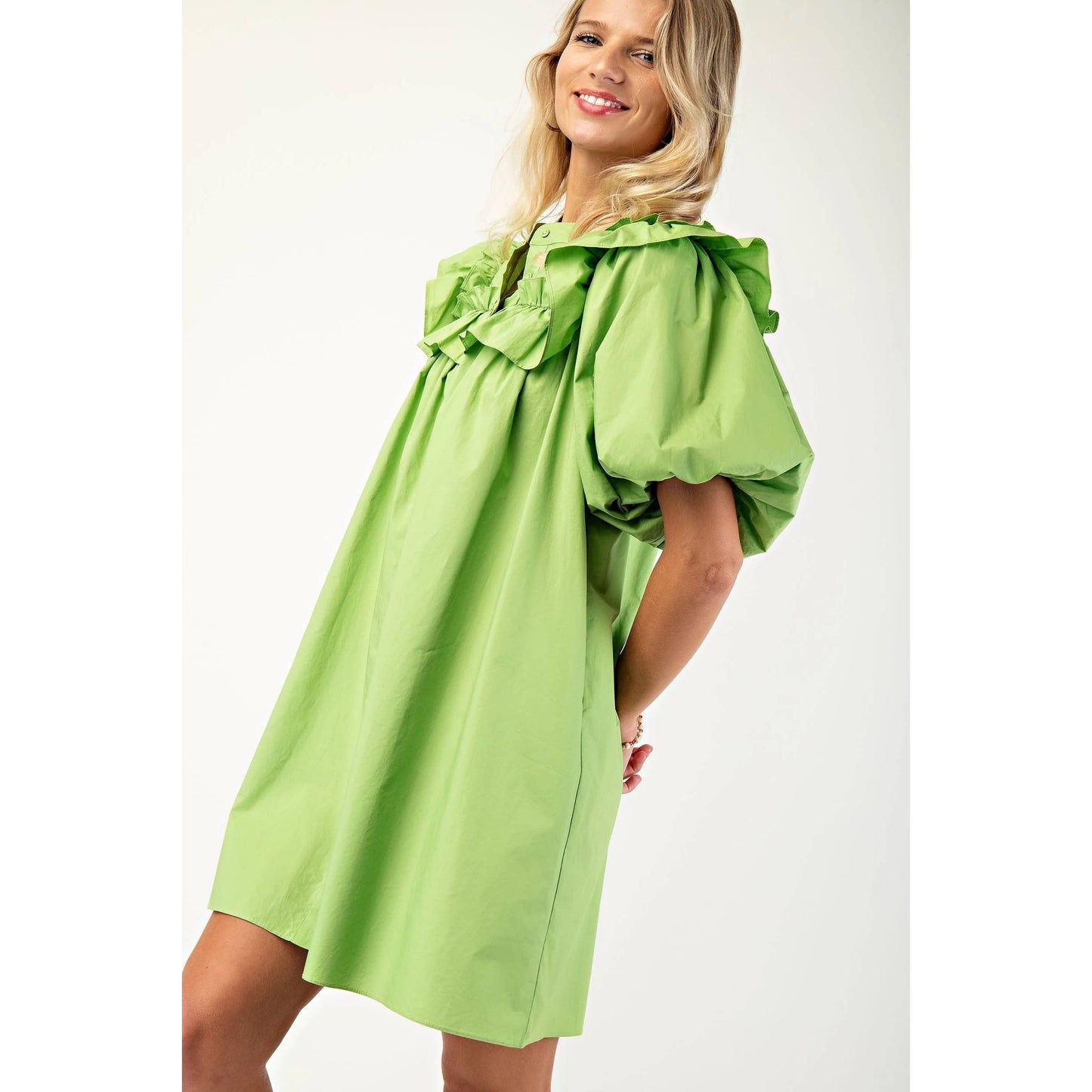 Puff Sleeve Mini Dress - Green