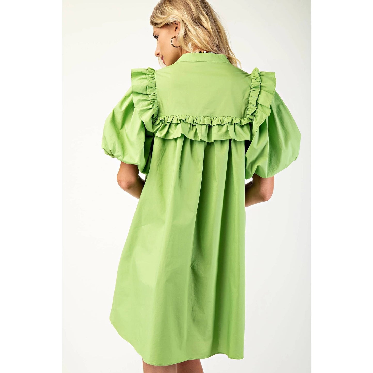 Puff Sleeve Mini Dress - Green