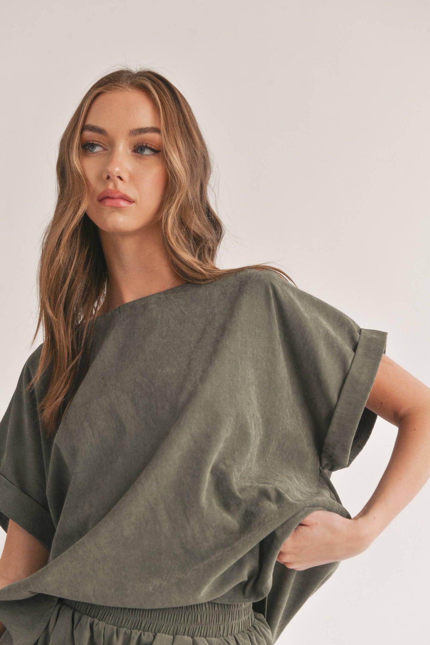 Olive Relaxed Fit Top and Shorts with Pocket