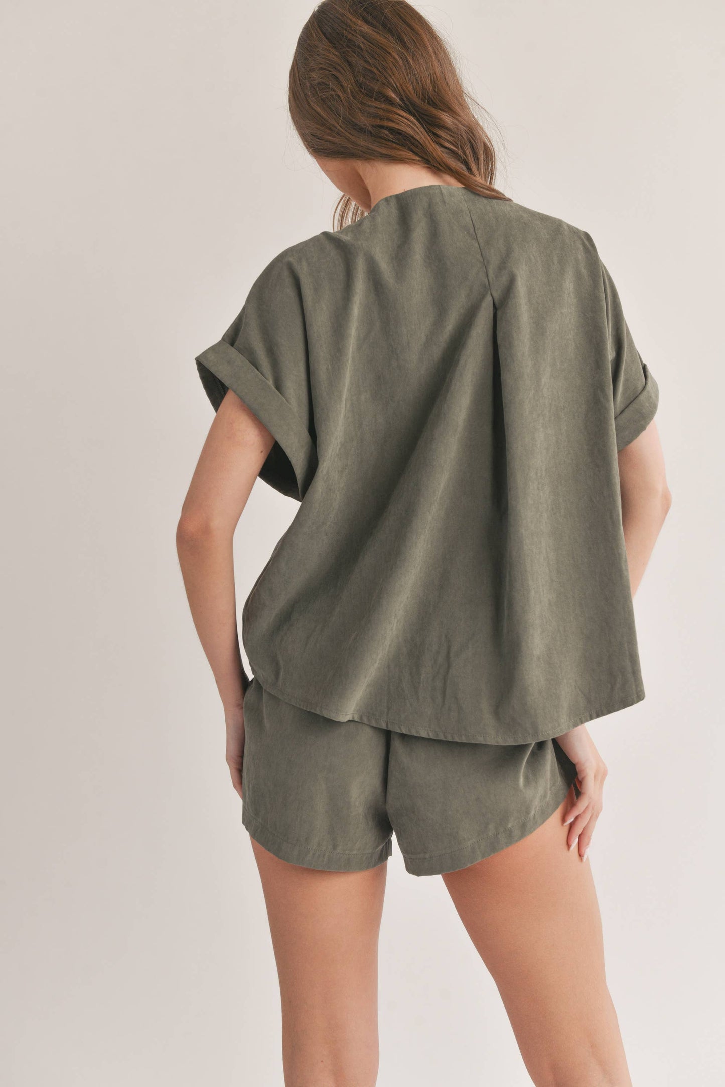 Olive Relaxed Fit Top and Shorts with Pocket
